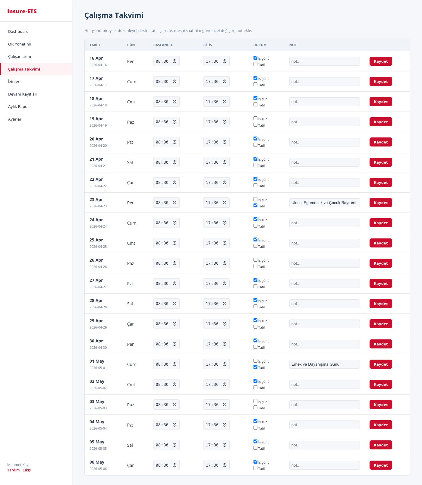 İşveren Çalışma Takvimi