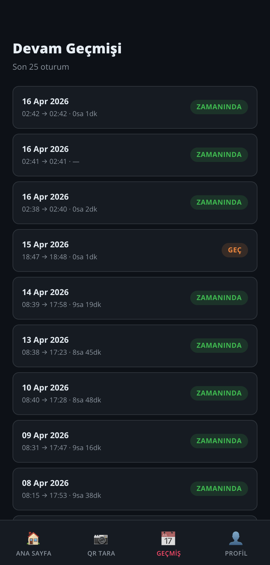 Mobil Geçmiş Ekranı